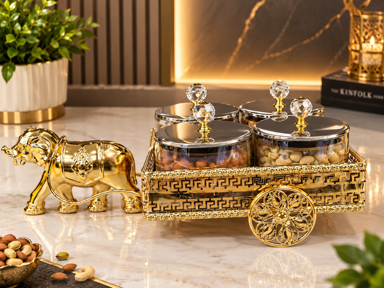 Luxury 4-Piece Dry Fruit Box Set with Golden Elephant Cart Stand & Crystal Knob Lids | Premium Decorative Dry Fruit Serving Set for Gifting & Home Décor