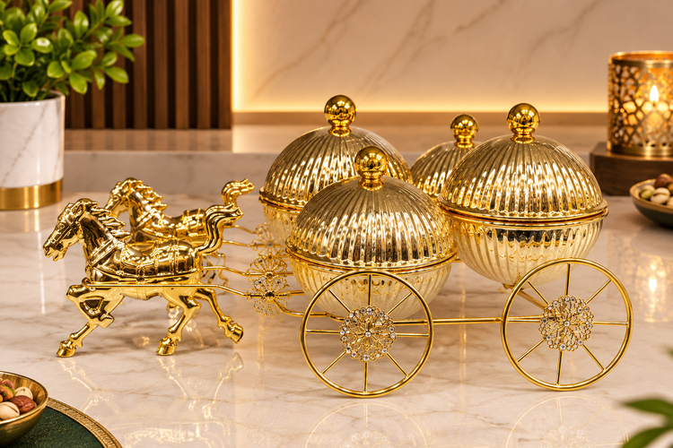 Luxury Golden Horse Carriage Dry Fruit Box Set | 4-Piece Decorative Dry Fruit Storage Containers with Royal Carriage Stand | Premium Gift & Home Décor