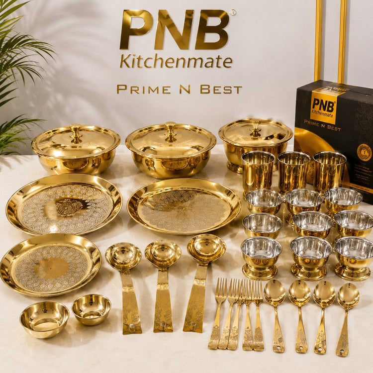 PNB Kitchenmate ZODIAC 72 Pcs Stainless Steel Dinner Set | Heavy Quality Double Wall PVD Gold Coated Dinner Set | Premium Full & Half Plates, Bowls, Glasses, Spoons & Forks | Lifetime Guarantee
