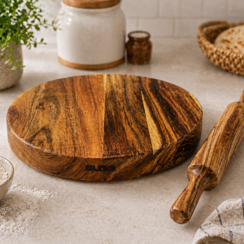 Alda by Glen 10-Inch Acacia Wood Chakla Belan Set | Wooden Roti Making Board & Rolling Pin | Food-Grade, Chemical-Free Kitchen Tool