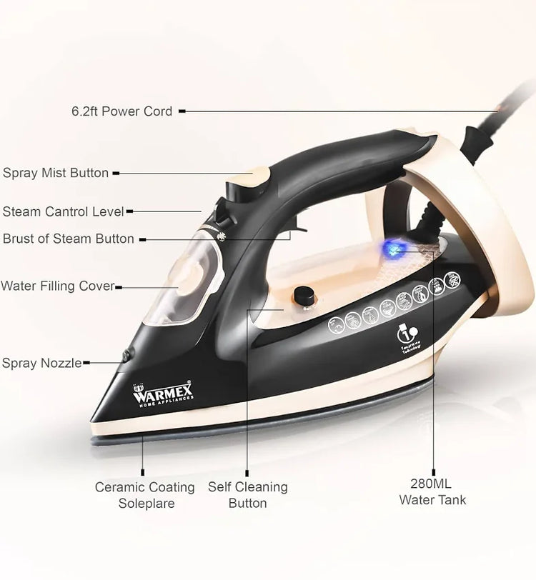 Warmex OTSI 2000W Steam Iron with Ceramic Coated Soleplate, 300ml Water Tank, Auto Shut-Off & Spray Function β Golden & Black
