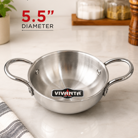 Vivanta Triply Stainless Steel Mini Kadhai 5.5 Inch Diameter with Dual Handles | Heavy Gauge Serving & Cooking Kadhai for Curry, Dal, Sabzi & Snacks
