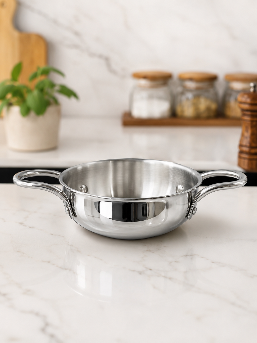 Vivanta Triply Stainless Steel Mini Kadhai 5.5 Inch Diameter with Dual Handles | Heavy Gauge Serving & Cooking Kadhai for Curry, Dal, Sabzi & Snacks