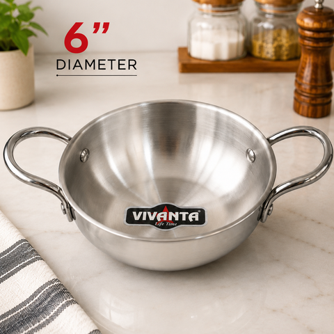 Vivanta Triply Stainless Steel Mini Kadhai 6 Inch Diameter with Dual Handles | Heavy Gauge Serving & Cooking Kadhai for Curry, Dal, Sabzi & Snacks