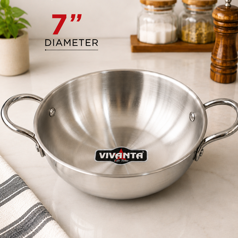 Vivanta Triply Stainless Steel Mini Kadhai 7 Inch Diameter with Dual Handles | Heavy Gauge Serving & Cooking Kadhai for Curry, Dal, Sabzi & Snacks