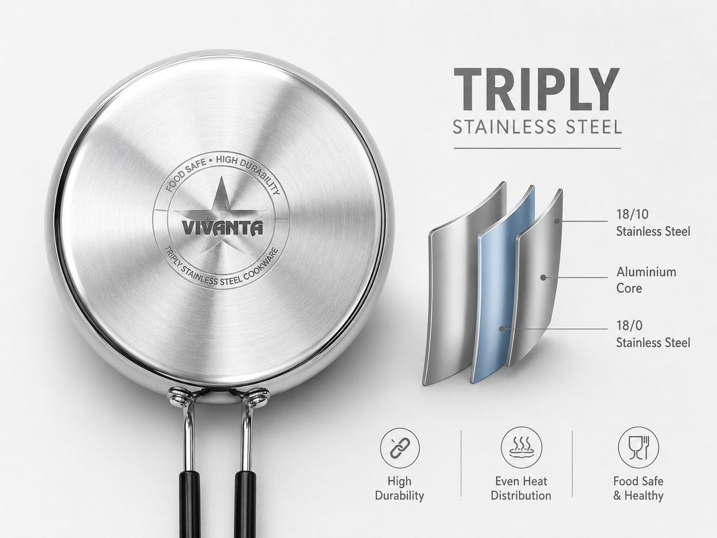 Vivanta 5.5 Inch Stainless Steel Fry Pan with Cool Touch Handle | Mini Fry Pan for Tadka, Frying & Serving | Heavy Gauge Kitchen Cookware