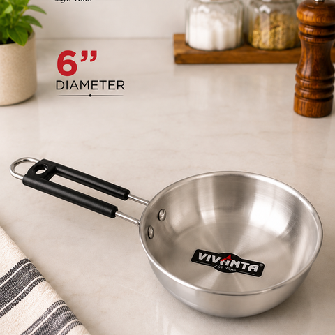 Vivanta 6 Inch Stainless Steel Fry Pan with Cool Touch Handle | Mini Fry Pan for Tadka, Frying & Serving | Heavy Gauge Kitchen Cookware