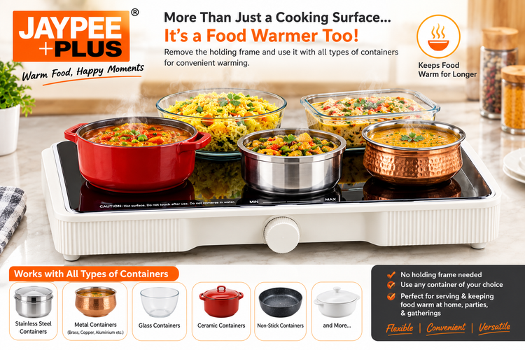 Jaypee Plus Table Valet Food Warmer & Serving Hot Plate 150W with Toughened Glass Top, Adjustable Heat Regulator & Stainless Steel Bowl Compatibility(1.8LTR each)