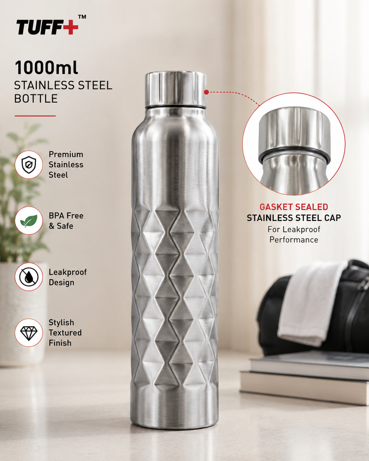 Tuff+ 1000ml Stainless Steel Water Bottle | Leakproof Gasket Sealed Steel Cap | Premium Fridge Bottle for Hot & Cold Water | BPA Free Reusable Bottle