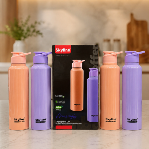 Skyline Stainless Steel Water Bottle Set of 4 | BPA Free Leakproof Fridge Bottles | Reusable Insulated Steel Bottles for Home, Office, School & Gym | Peach & Lavender Color Combo