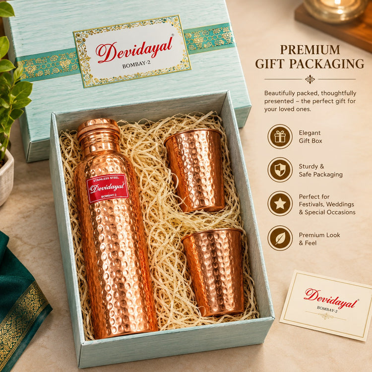 Devidayal Hammered Copper Bottle Set 850ml with 2 Copper Glasses 280ml Each | Traditional Textured Copper Water Bottle Gift Set