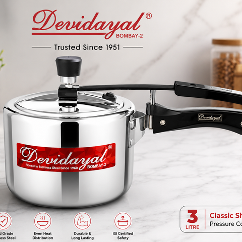 Devidayal 3 Litre Triply Stainless Steel Pressure Cooker | Induction & Gas Compatible | Heavy Gauge Tri-Ply Construction | ISI Certified | Classic Shape | 5 Years Warranty