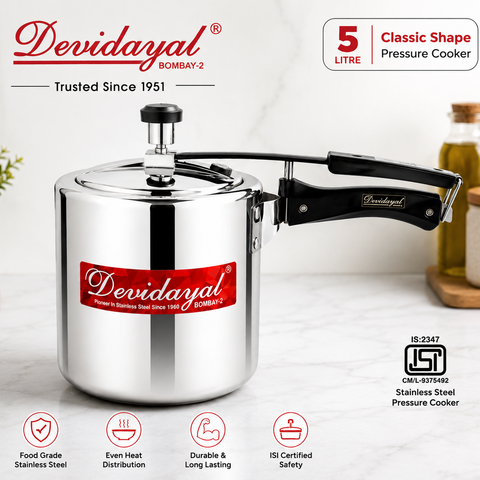 Devidayal 5 Litre Triply Stainless Steel Pressure Cooker | Induction & Gas Compatible | Heavy Gauge Tri-Ply Construction | ISI Certified | Classic Shape | 5 Years Warranty
