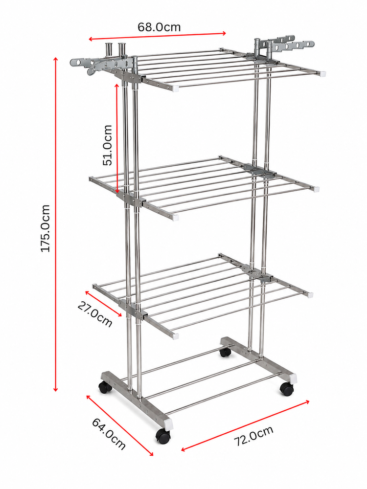 3 Tier Stainless Steel Foldable Clothes Drying Stand with Wheels | Heavy Duty Laundry Drying Rack | Multi-Layer Garment Dryer for Indoor & Outdoor Use | Rust Resistant Cloth Stand