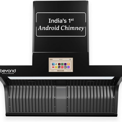 Beyond Appliances Orion 90cm Auto Clean Kitchen Chimney | 1600 CMH Suction | Filterless | Smart Touchscreen Display & Speaker | Baffle Plates | Touch Control | Black Finish.