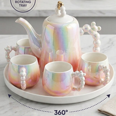 Imported Luxury Ceramic Tea Kettle Set with 6 Cups & 360Β° Rotating Serving Tray | Premium Iridescent Porcelain Tea Set for Home, Office & Gifting-Pink & White