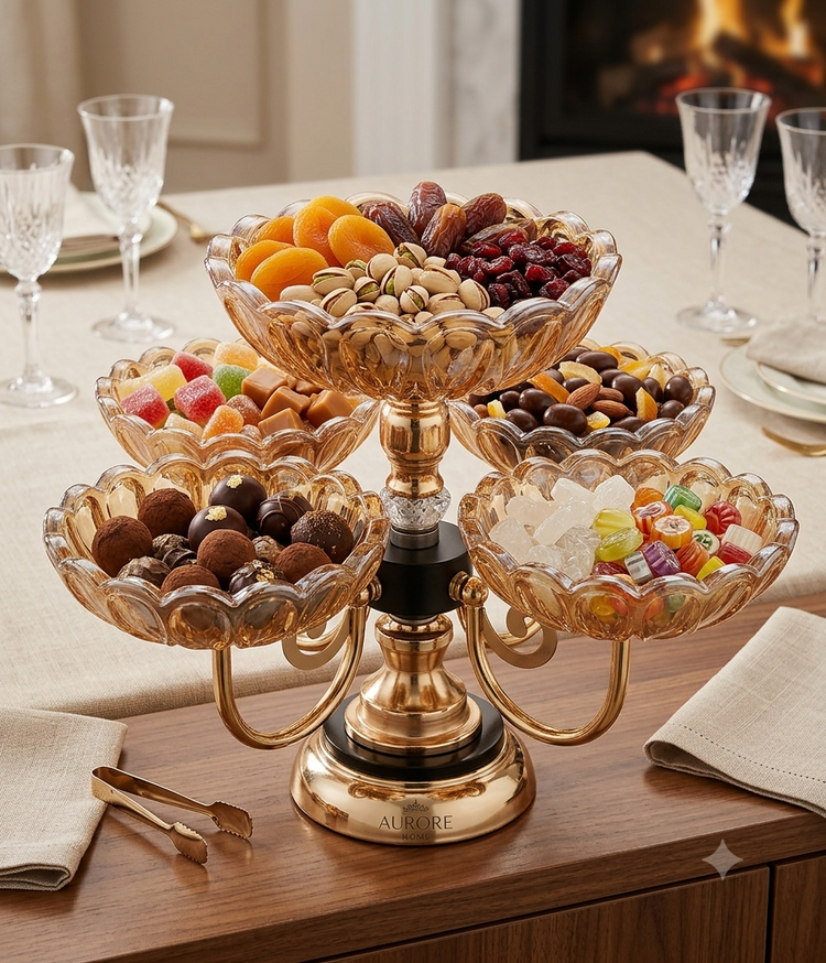 Luxury 5 Bowl Rotating Dry Fruit & Candy Serving Set with Crystal Glass Bowls | Premium Golden Snack Organizer for Dry Fruits, Chocolates, Candies & Nuts