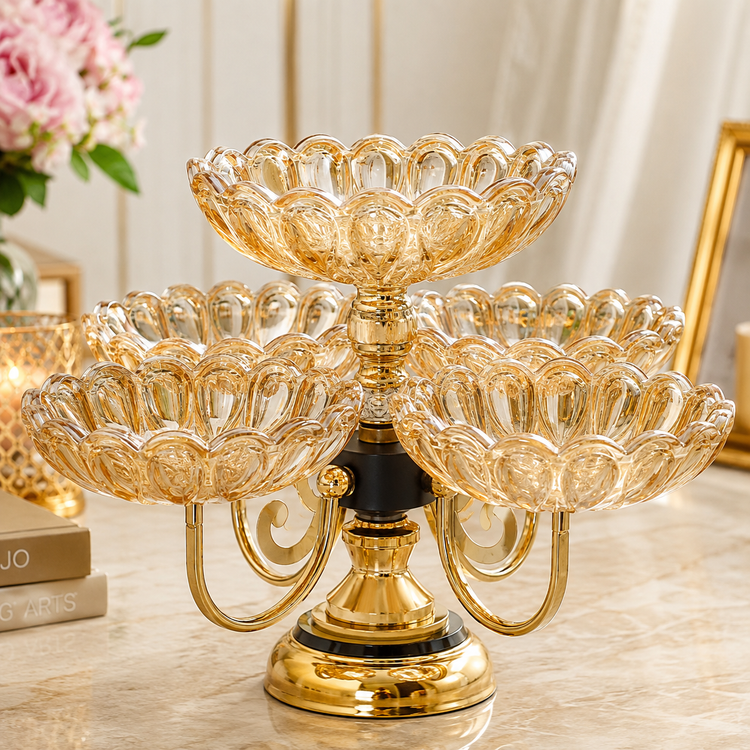 Luxury 5 Bowl Rotating Dry Fruit & Candy Serving Set with Crystal Glass Bowls | Premium Golden Snack Organizer for Dry Fruits, Chocolates, Candies & Nuts