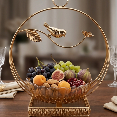 Luxury Golden Bird Dry Fruit Bowl with Crystal Glass Bowl | Decorative Candy, Chocolate & Nut Serving Bowl for Dining Table & Home Decor