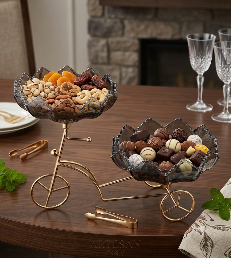 Luxury Bicycle Dry Fruit Serving Set with 2 Crystal Glass Bowls | Decorative Candy, Chocolate & Nut Bowl Stand for Dining Table & Home Decor