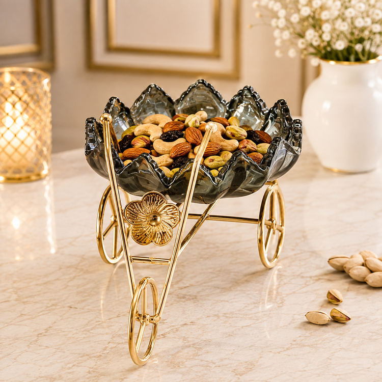 Luxury Golden Wheelbarrow Dry Fruit Bowl with Crystal Glass Bowl | Decorative Candy, Chocolate & Nut