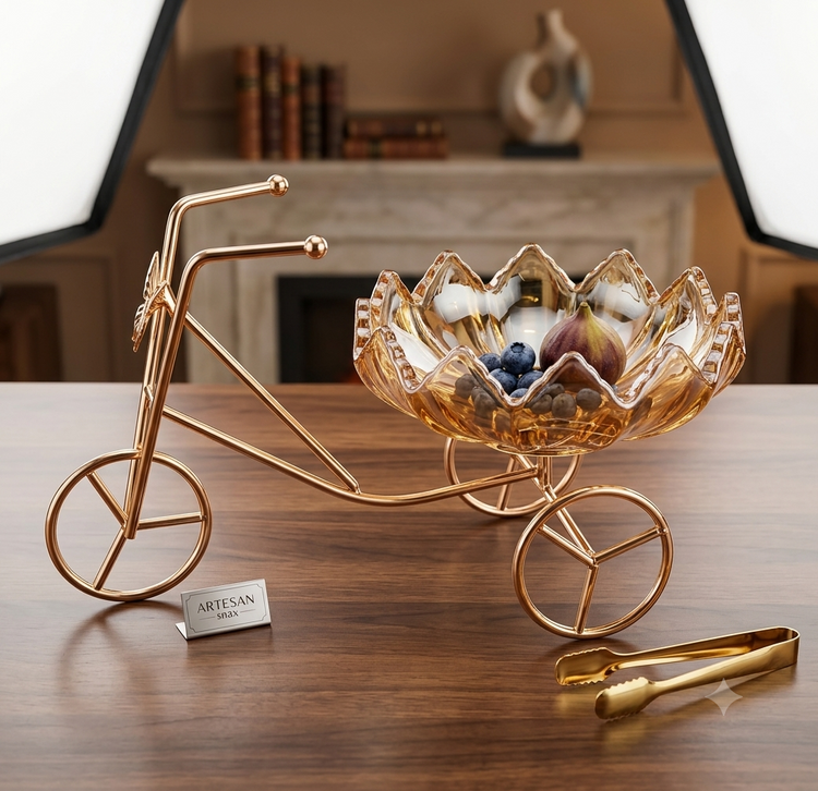Luxury Golden Wheelbarrow Dry Fruit Bowl with Crystal Glass Bowl | Decorative Candy, Chocolate & Nut