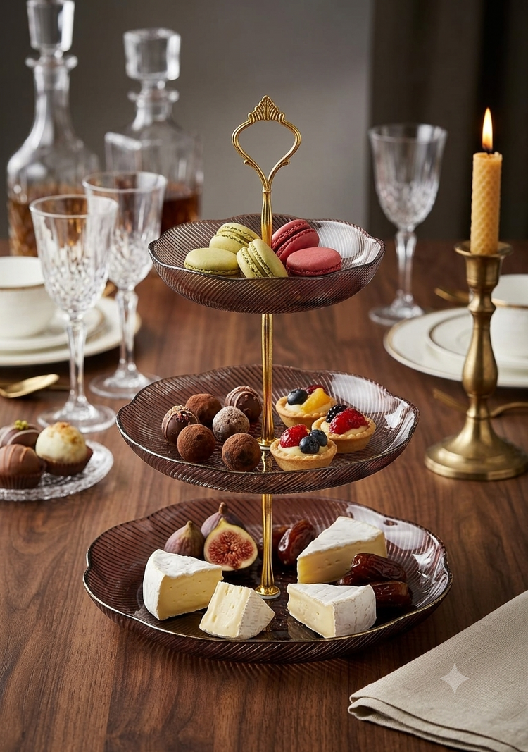 Luxury 3 Tier Crystal Glass Serving Stand with Gold Metal Handle | Premium Dessert, Fruit, Dry Fruit