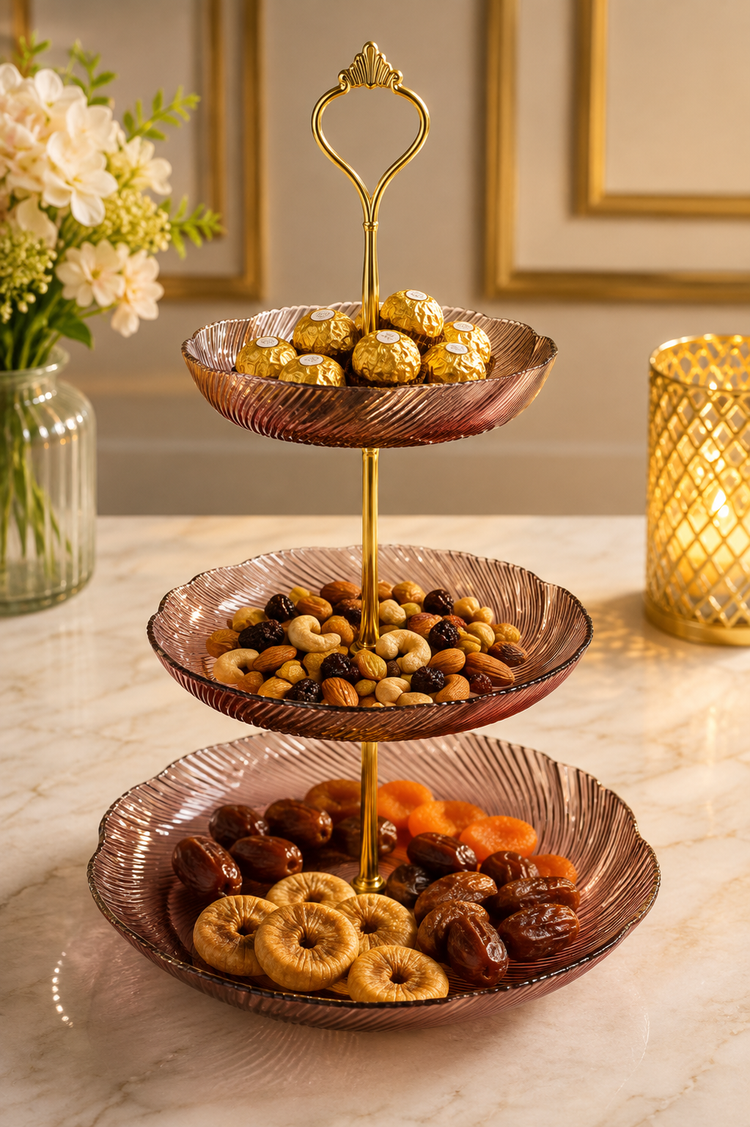 Luxury 3 Tier Crystal Glass Serving Stand with Gold Metal Handle | Premium Dessert, Fruit, Dry Fruit