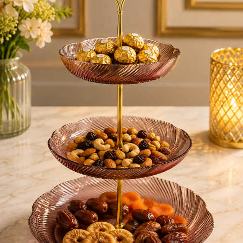 Luxury 3 Tier Crystal Glass Serving Stand with Gold Metal Handle | Premium Dessert, Fruit, Dry Fruit