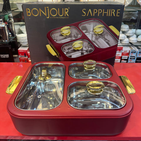 BONJOUR Sapphire 3-in-1 Insulated Chafing Dish | Premium Stainless Steel Hotpot & Casserole with PUF Insulation | Buffet Server with Glass Lids & Golden Handles | Red