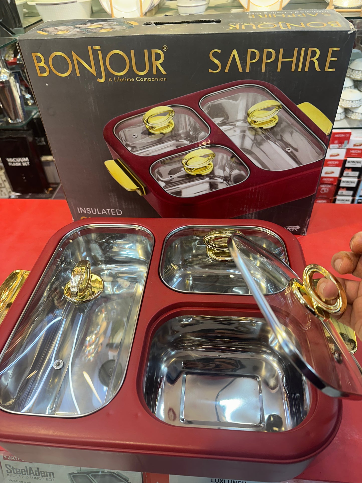 BONJOUR Sapphire 3-in-1 Insulated Chafing Dish | Premium Stainless Steel Hotpot & Casserole with PUF Insulation | Buffet Server with Glass Lids & Golden Handles | Red