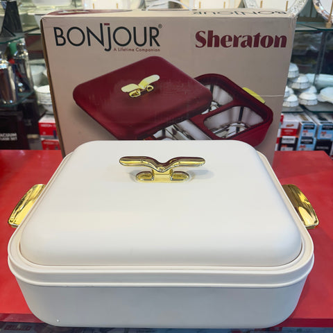 BONJOUR Sheraton 3-in-1 Insulated Chafing Dish | Premium Stainless Steel Hotpot & Casserole with PUF Insulation | Buffet Server with Lock Lid & Golden Handles | White