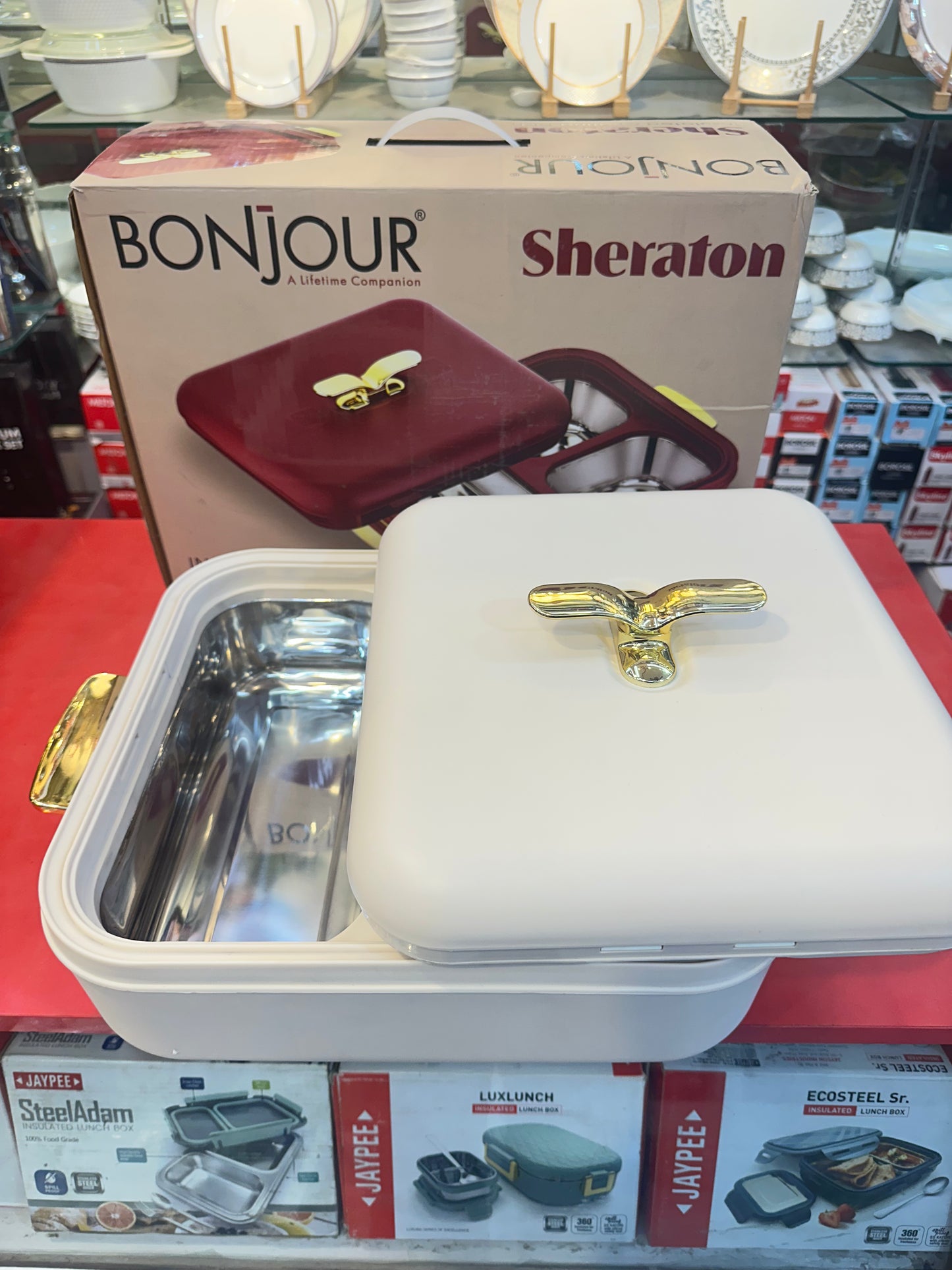 BONJOUR Sheraton 3-in-1 Insulated Chafing Dish | Premium Stainless Steel Hotpot & Casserole with PUF Insulation | Buffet Server with Lock Lid & Golden Handles | White