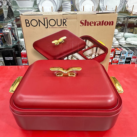 BONJOUR Sheraton 3-in-1 Insulated Chafing Dish | Premium Stainless Steel Hotpot & Casserole with PUF Insulation | Buffet Server with Lock Lid & Golden Handles | Red