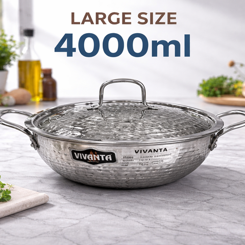 Vivanta 28cm Triply Stainless Steel Kadhai (4.8 Litre) with Glass Lid | Hammered Finish | Induction & Gas Compatible | Heavy Bottom Cookware