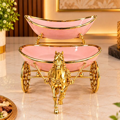 Luxury Golden Horse Carriage Dry Fruit Serving Set with Pink Bowls | Royal Decorative Dry Fruit Box for Home, Diwali & Gifting