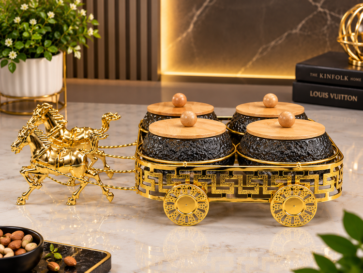 Luxury 4-Piece Dry Fruit Box Set with Wooden Lids & Ornate Golden Carriage Stand | Decorative Dry Fruit Serving Set for Home, Diwali & Gifting