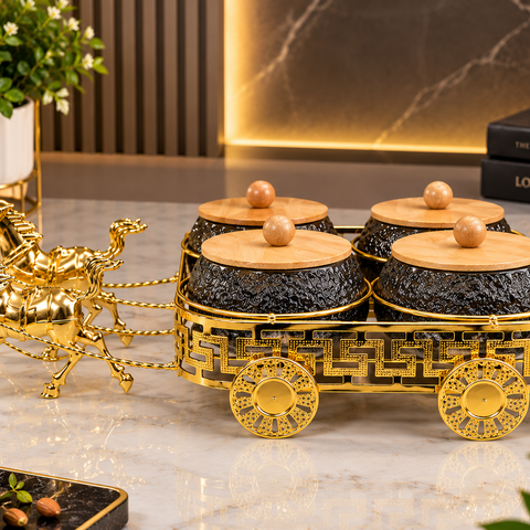 Luxury 4-Piece Dry Fruit Box Set with Wooden Lids & Ornate Golden Carriage Stand | Decorative Dry Fruit Serving Set for Home, Diwali & Gifting