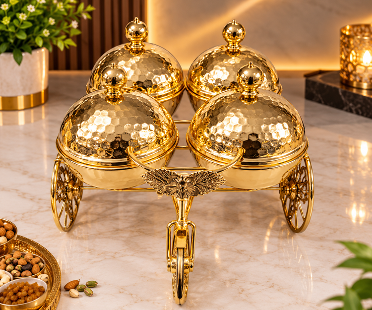 Luxury Golden Carriage Dry Fruit Box Set | 4-Piece Decorative Dry Fruit Serving Tray with Lidded Bowls | Royal Tabletop Gift & Home Décor
