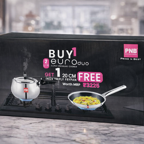 PNB Kitchenmate 2 Litre Triply Pressure Cooker with FREE 20 cm Honeycomb Triply Fry Pan | Stainless Steel Cooker Combo for Gas Stove