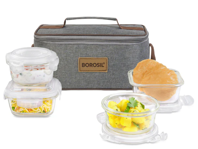 Borosil Pro Universal Glass Lunchbox, 320ml x 2 + 240ml x 2