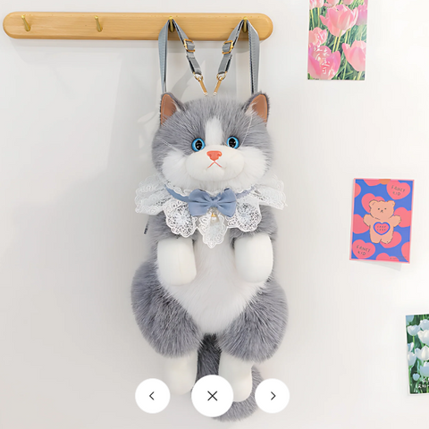 Realistic Grey & White Plush Ragdoll Cat Backpack | Soft Faux Fur Stuffed Cat Shoulder Bag with Lace Bow | Cute School, Travel, Cosplay & Birthday Gift