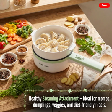 Skyline Multifunction Electric Pan 600–1500W – Fry, Steam, Boil & Cook with Steamer Attachment