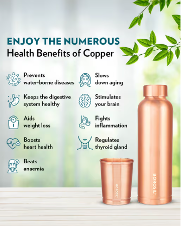 Borosil Eco Copper Bottle With Glass Set 1L Bottle With 250Ml X 2 Copper Tumbler
