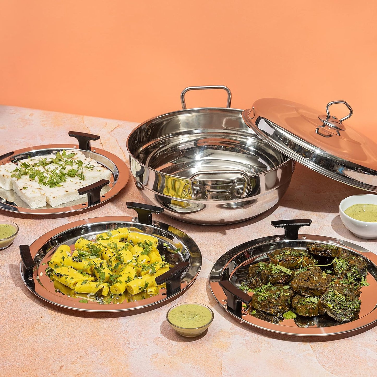 Vinod Stainless Steel Multi Kadai - 5 Plates, 26 cm | 2 Idli, 2 Dhokla and 1 Patra Plate/All in One Idli Cooker, Heavy Guage Idli maker, SAS Bottom Steamer - 2 Year Warranty