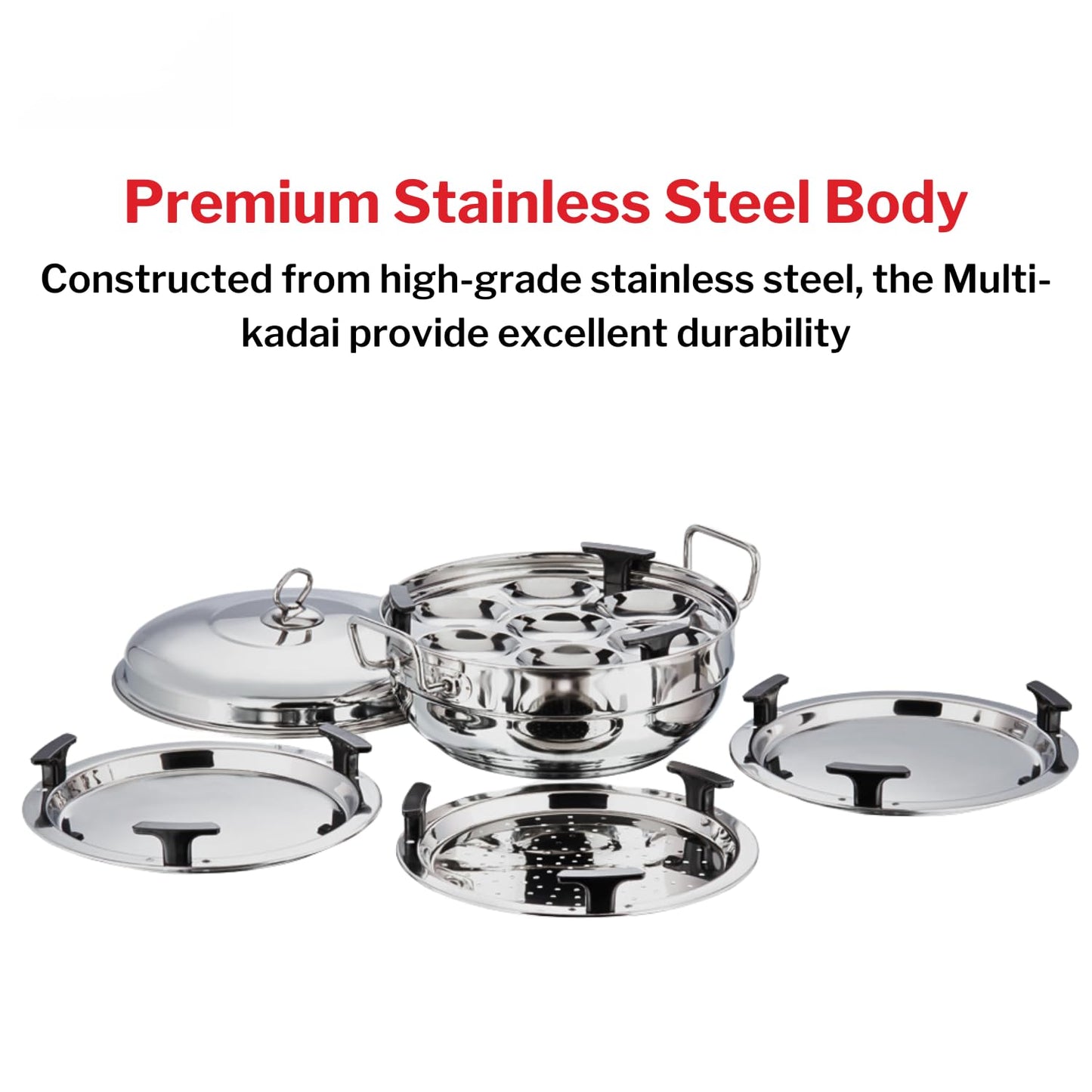 Vinod Stainless Steel Multi Kadai - 5 Plates, 26 cm | 2 Idli, 2 Dhokla and 1 Patra Plate/All in One Idli Cooker, Heavy Guage Idli maker, SAS Bottom Steamer - 2 Year Warranty