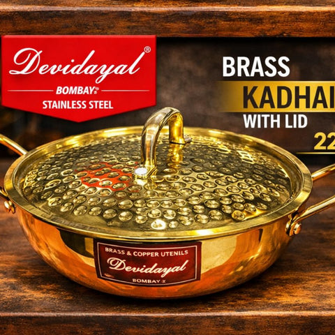 Devidayal Premium Brass Kadhai with Lid 22cm (2.4Ltrs)- Traditional Hammered Design, Durable & Elegant Cookware