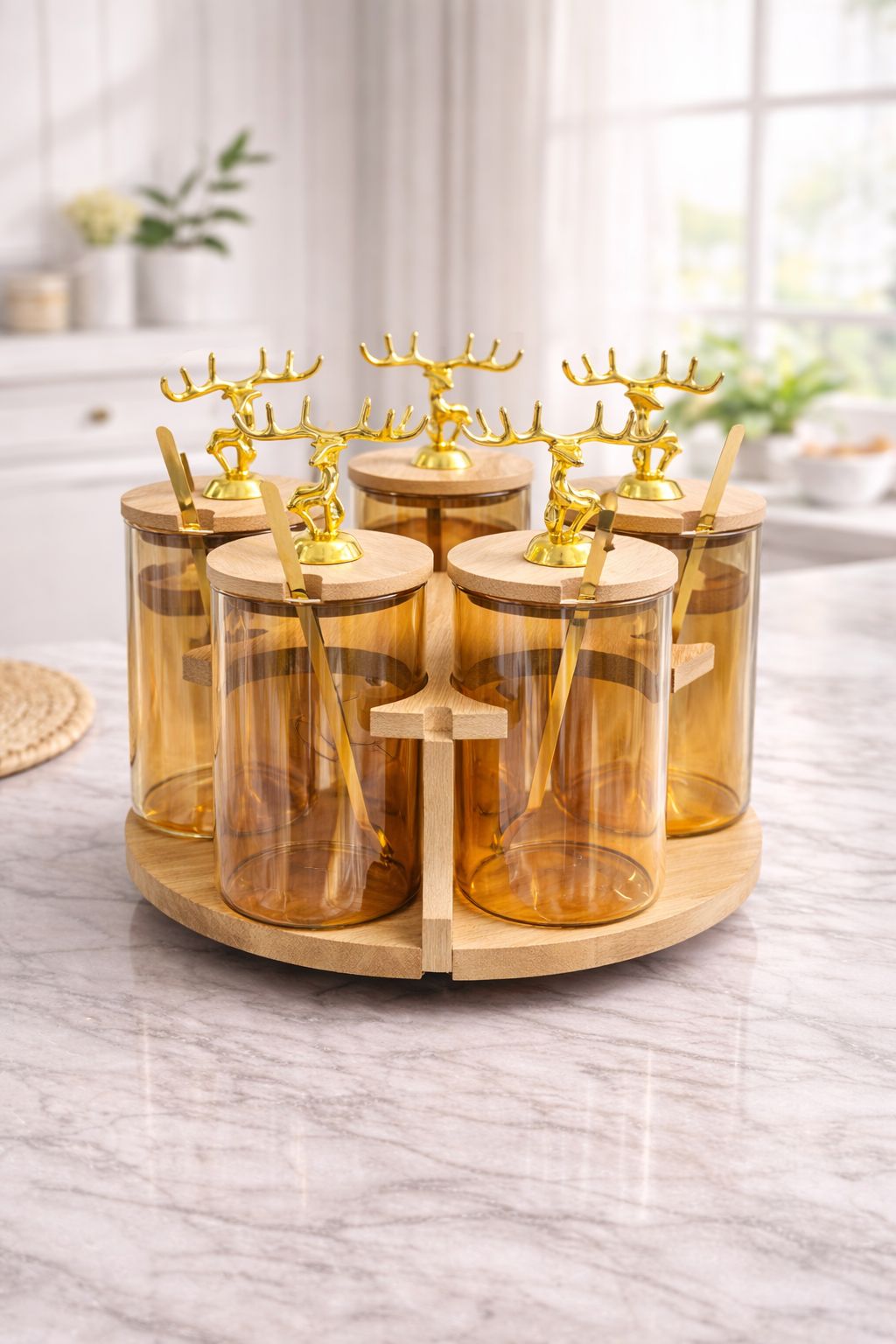 6 Jar Glass Spice & Dry Fruit Storage Set with Wooden Rotating Stand | Premium Kitchen Organizer with Gold Deer Lid & Spoons