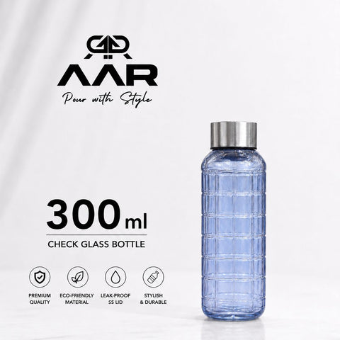 AAR - Elite Toughened Glass Water Bottles, Microwave & Freezer Safe, Leak Proof with Airtight Stainless Steel Gasket Sealed Lid, Scratch Resistant, Blue - 300ML