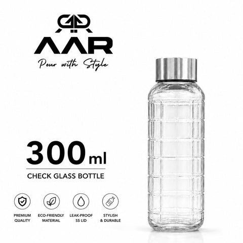 AAR - Elite Toughened Glass Water Bottles, Microwave & Freezer Safe, Leak Proof with Airtight Stainless Steel Gasket Sealed Lid, Scratch Resistant, Transparent - 300ML